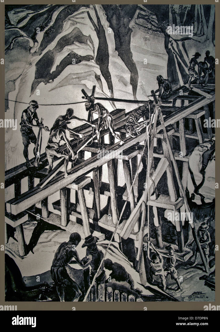 Dessin de prisonniers de guerre alliés travaillant sur le chemin de fer de la mort à l'affiche au Musée Pass Hellfire. La Thaïlande Kanchanaburi Banque D'Images
