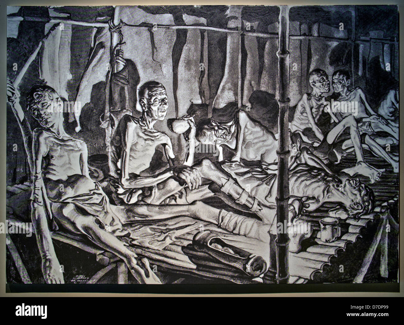 Dessin de prisonniers de guerre alliés et leur confinement à l'affiche au Musée Pass Hellfire. Asie Thaïlande Kanchanaburi Banque D'Images