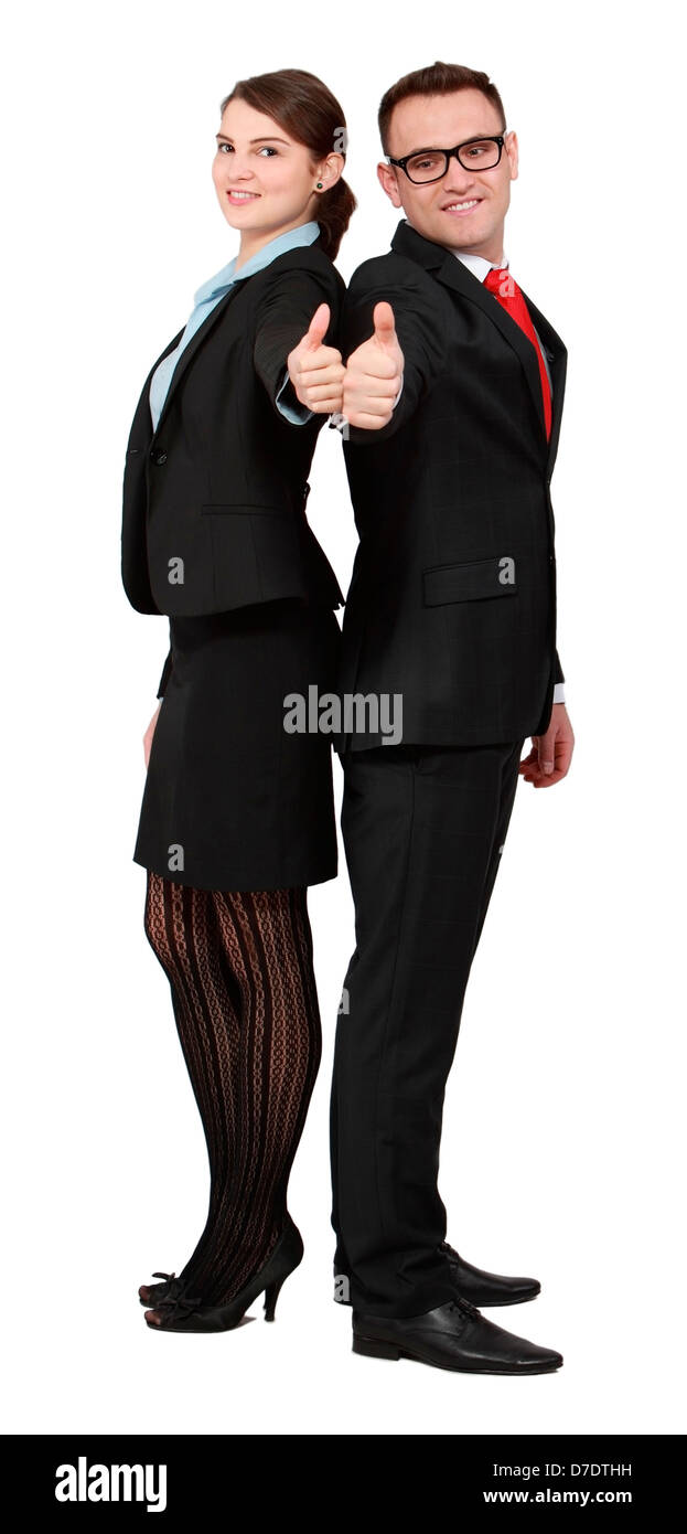 Successful business couple avec Thumbs up isolé sur un fond blanc. Banque D'Images