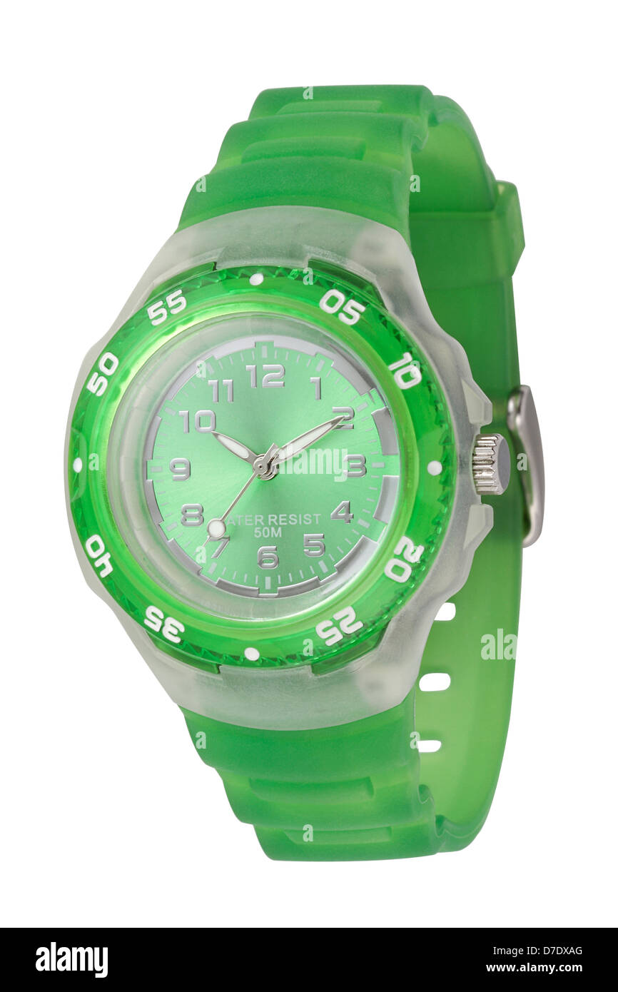 Les femmes avec une montre-bracelet Bracelet en silicone vert Banque D'Images