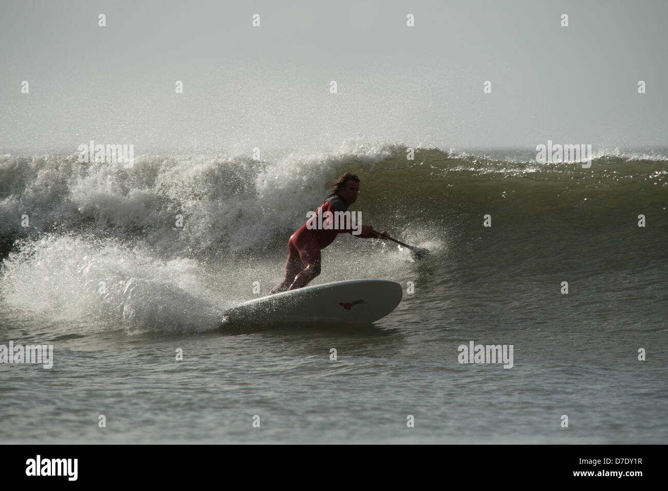 Stand Up Paddle board surfer Chris Griffiths, Champion britannique montre la voie classique de l'autre côté de la vague des surfeurs. Séquence. Gower, UK Banque D'Images