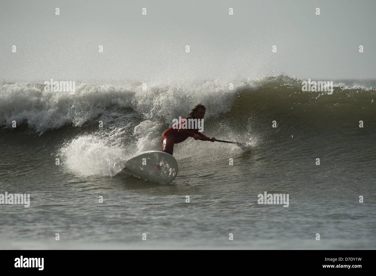 Stand Up Paddle board surfer Chris Griffiths, Champion britannique montre la voie classique de l'autre côté de la vague des surfeurs. Séquence. Banque D'Images