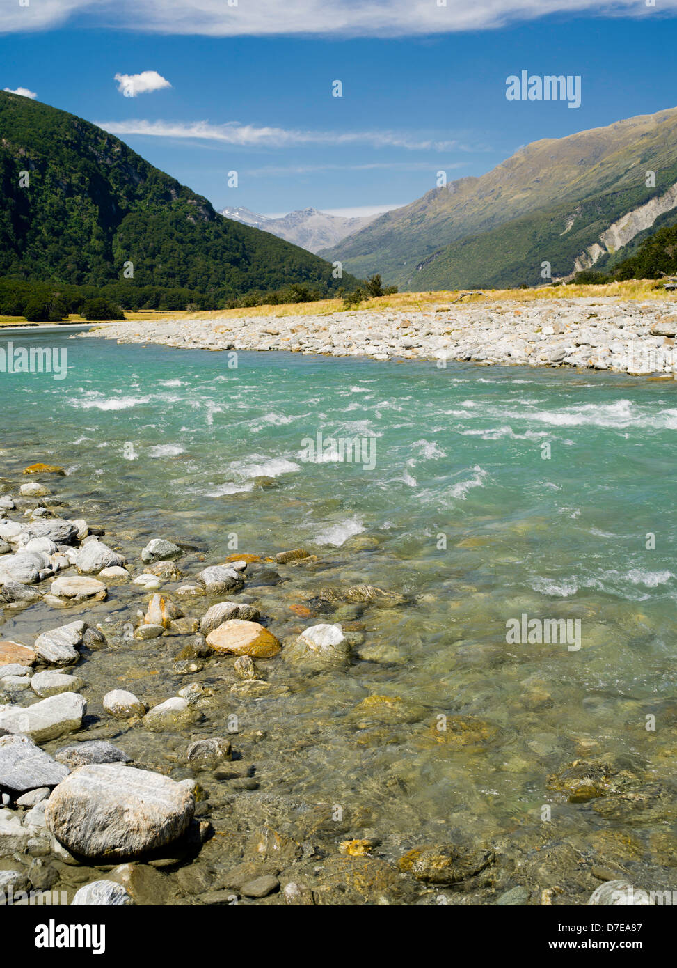 Vue de la rivière Wilkins, Mount Aspiring National Park, off de la Makarora RIver et le lac Wanaka, près de Makarora, Otago Banque D'Images