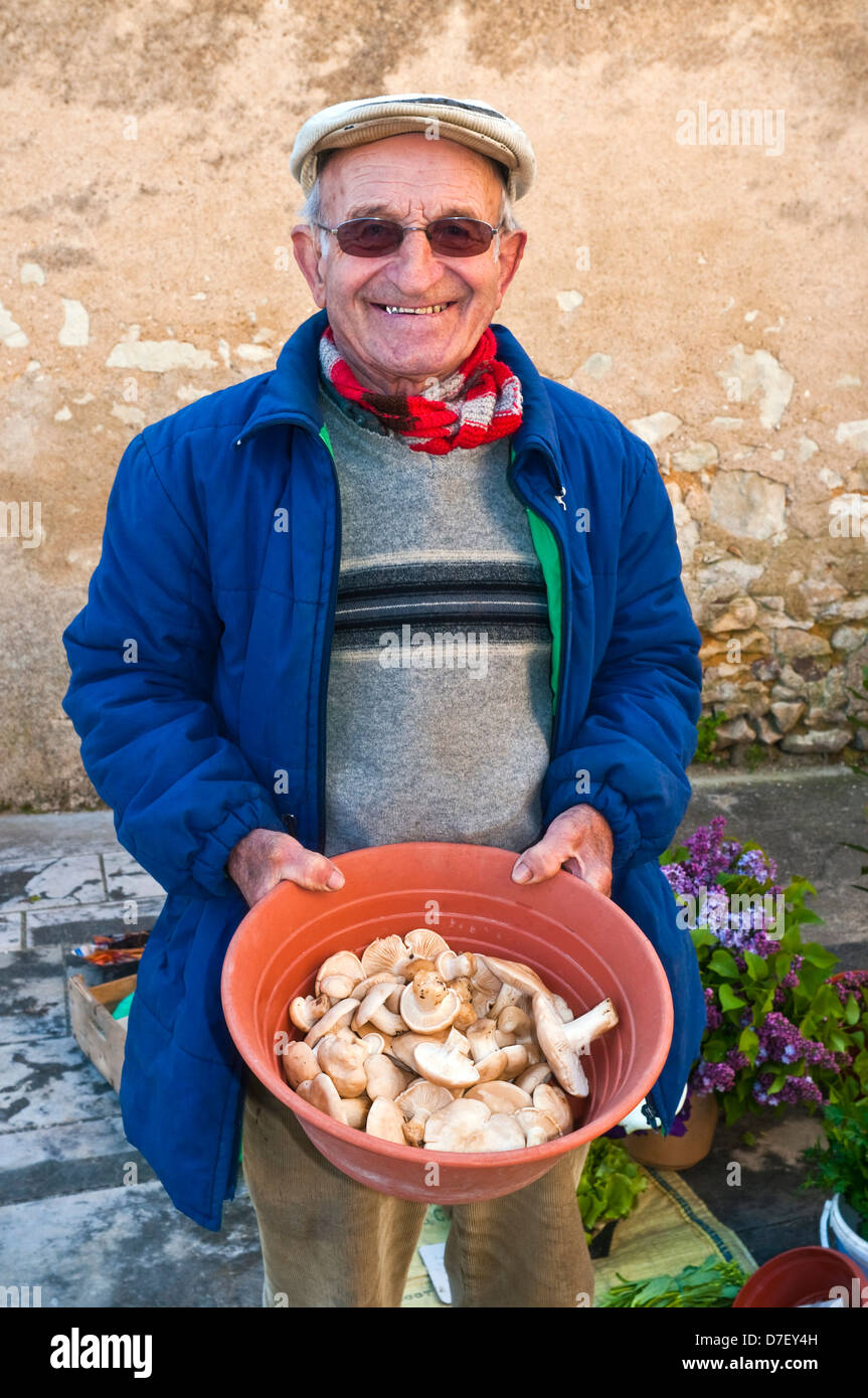 French man holding / vente des champignons sauvages - France. Banque D'Images