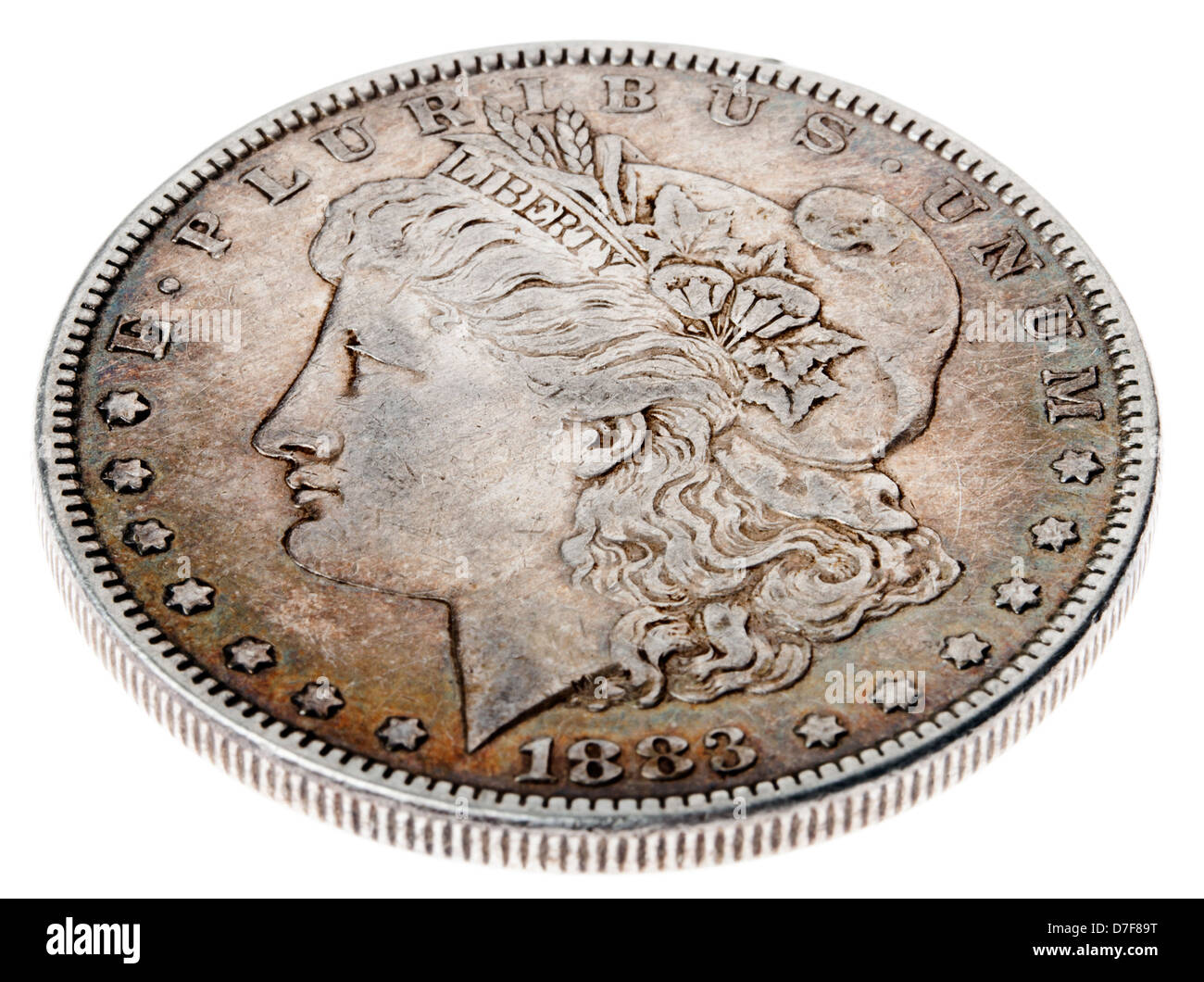 High angle view avers (chefs) silver dollar frappées en 1883 connu sous le nom de 'Morgan Dollar" (du nom de son concepteur). Banque D'Images