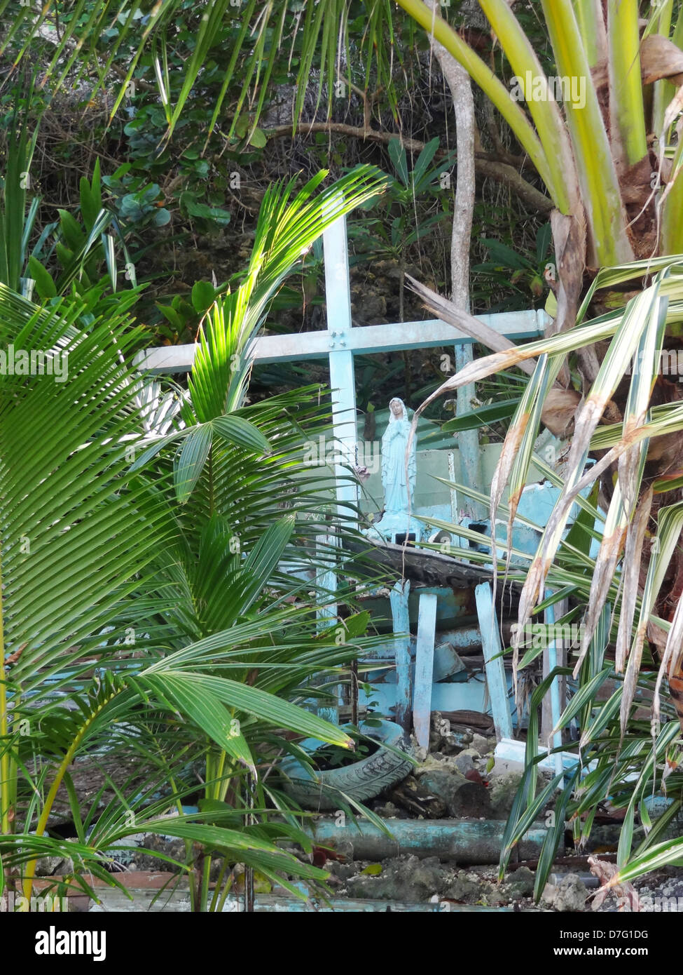 Paysages de jungle mystique dont certains déchets et une madone, vu sur une île des Caraïbes appelée Guadeloupe Banque D'Images