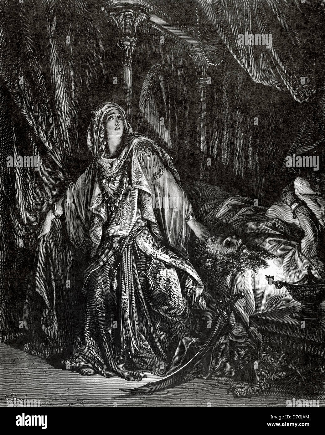 Judith C.13. Gravure représentant Judith après décapiter l'Assyrien Holopherne, par Pannemaker. Banque D'Images
