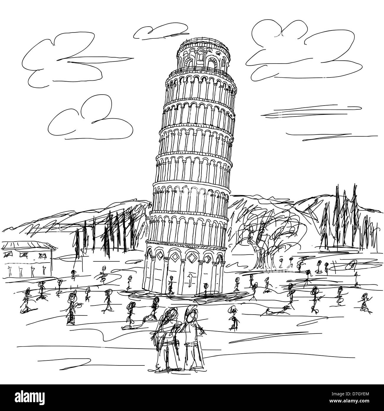 Illustration de la main destination touristique célèbre tour penchée de Pise en Italie. Banque D'Images
