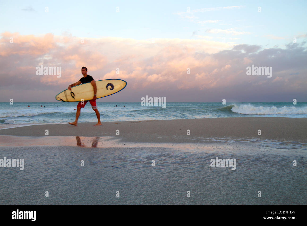 Miami Beach Florida, Atlantic Ocean Water public, plages de plage, rivage, surf, vagues, eau, homme hommes adultes adultes, surfeur, surf, voyages des visiteurs Banque D'Images