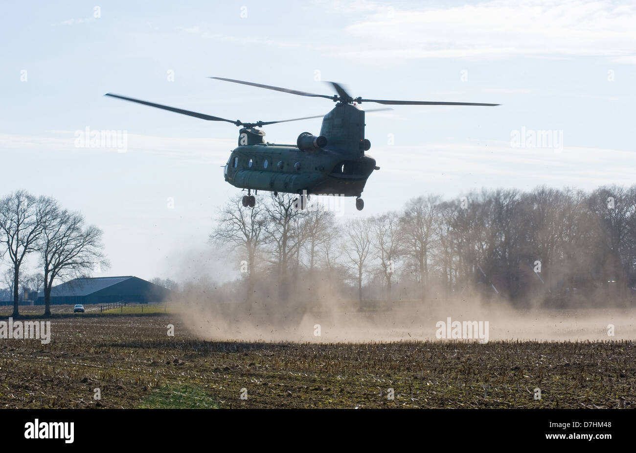 Un hélicoptère Chinook de l'armée néerlandaise est sur le point d'atterrir sur un champ dans les Pays-Bas Banque D'Images