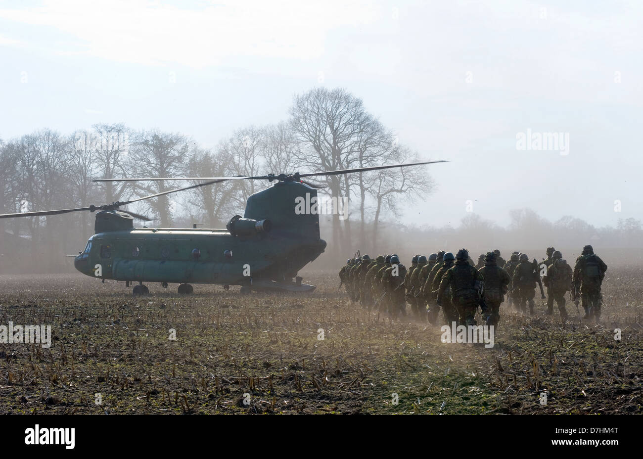 Un hélicoptère Chinook de l'armée néerlandaise est sur le point d'atterrir sur un champ dans les Pays-Bas, pour ramasser une compagny de soldats Banque D'Images