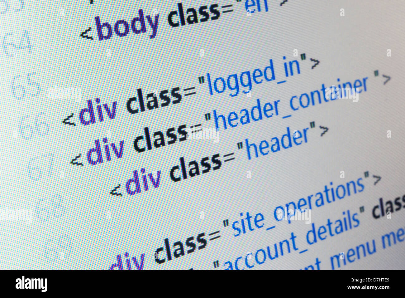 Code source HTML close up sur l'écran LCD de l'ordinateur Banque D'Images