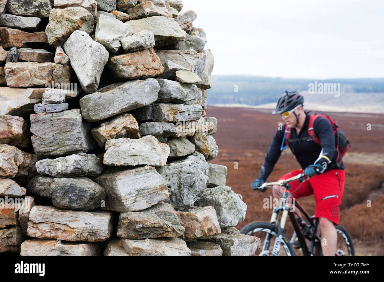 Du vélo de montagne pour atteindre le sommet sur Cairn Simon Howe près de North York Moors Goathland Angleterre UK Banque D'Images