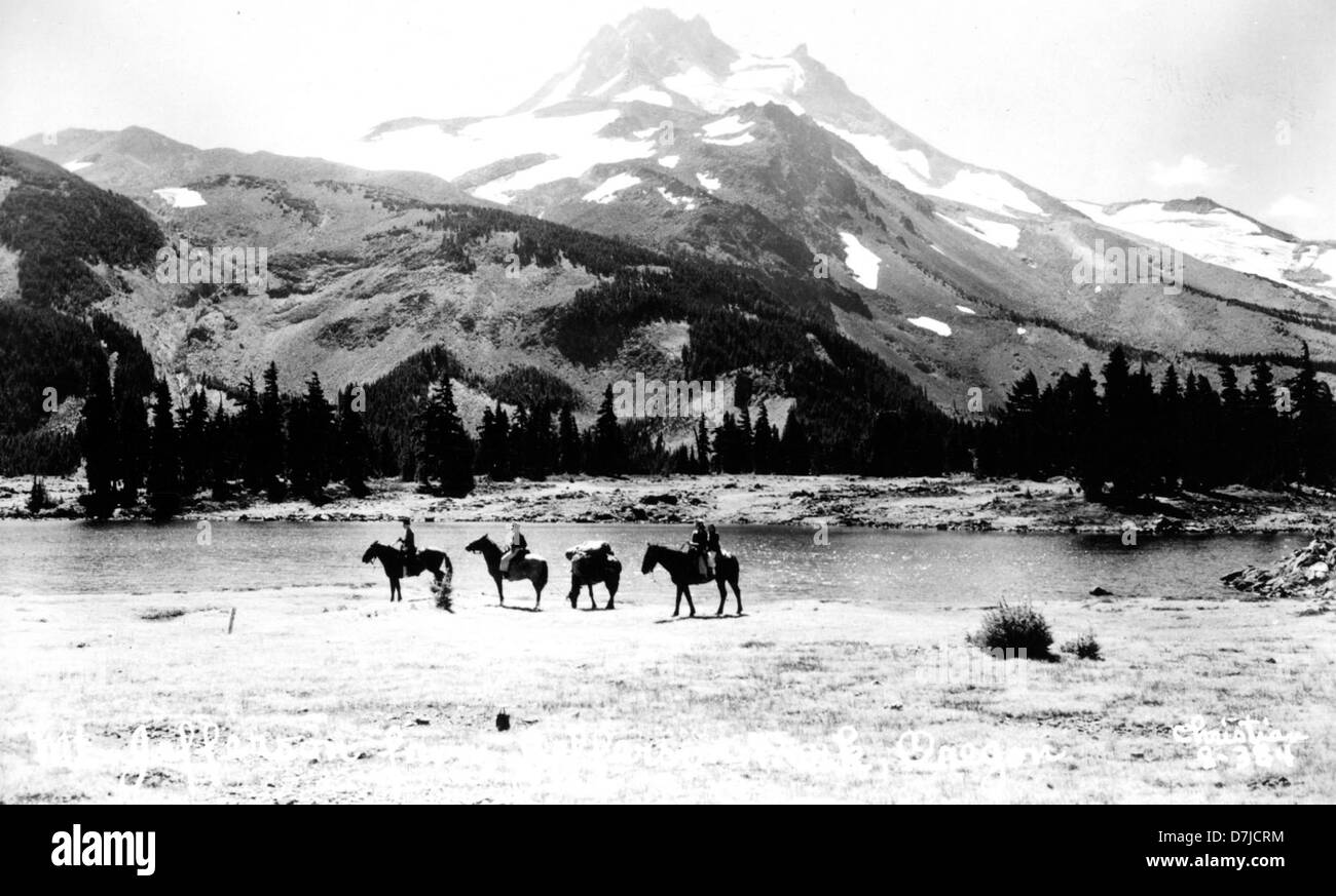 Une photographie panoramique capturant le mont Jefferson vu depuis Jefferson Park dans l'Oregon. L'image met en valeur la beauté naturelle de la montagne et de la nature sauvage environnante, reflétant le paysage immaculé de la chaîne des Cascades. Banque D'Images
