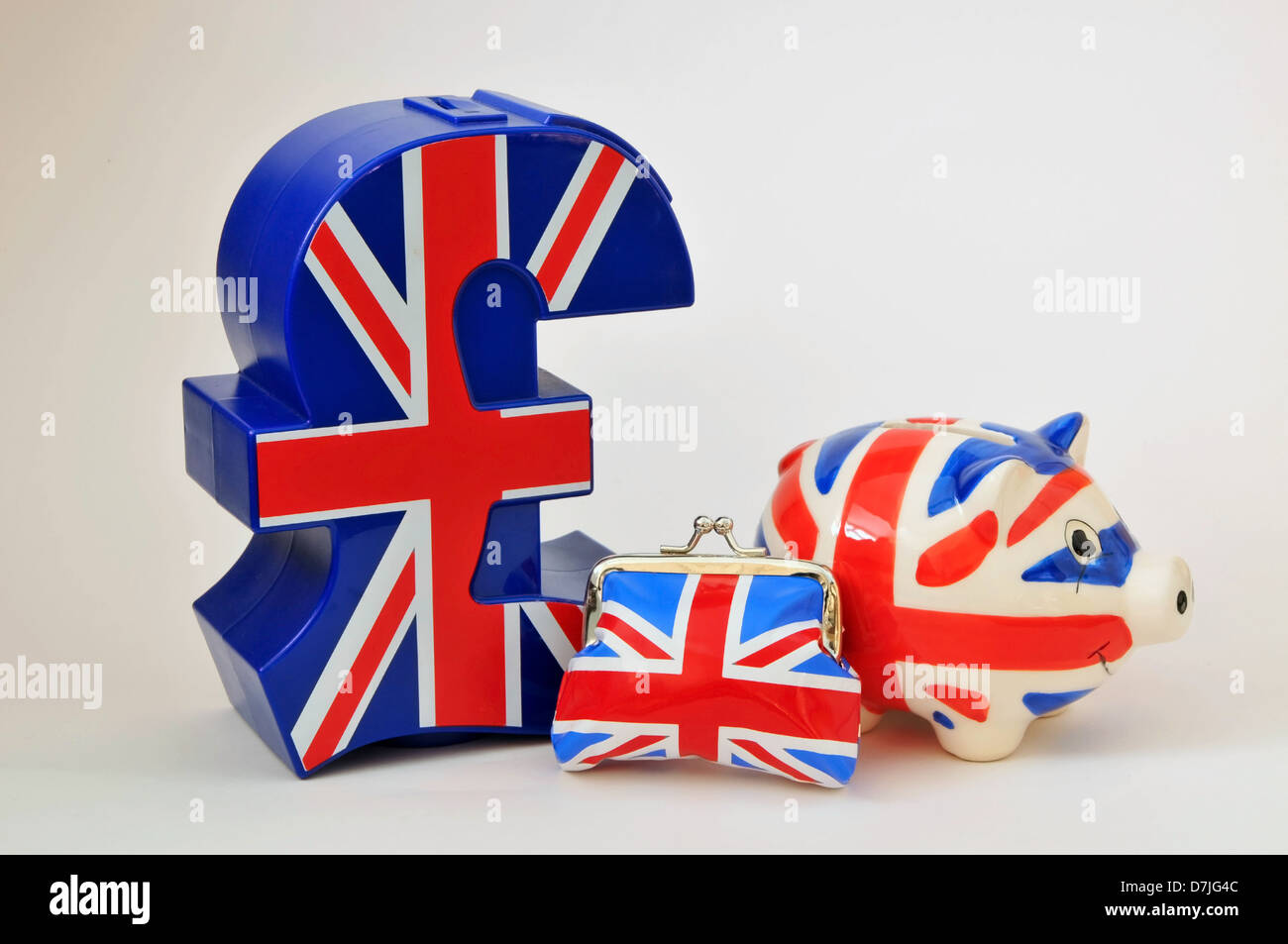 Symbole, un sac à main et tirelire avec Union Jacks imprimé sur eux. Banque D'Images