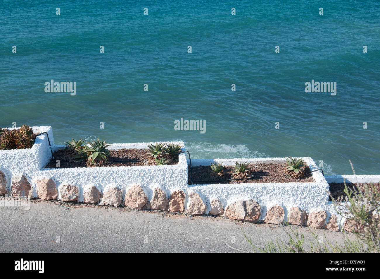 Les pots de fleurs par la mer Méditerranée. Banque D'Images