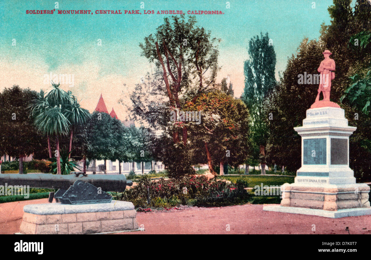 Monument des soldats, Central Park, Los Angeles, Californie - Vintage poster card Banque D'Images