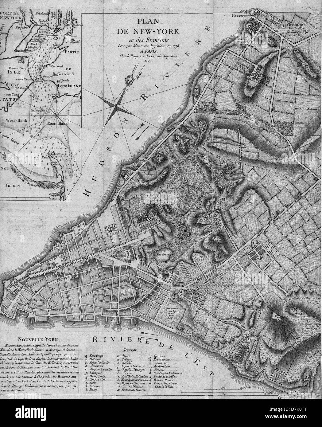 Plan de New York et des environs, Paris, de Montrésor, John, chez le Rouge, 1777. Plan de la ville de New York, circa 1877 Banque D'Images