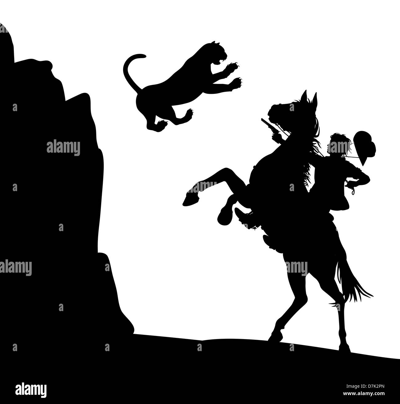 Illustration d'un mountain lion sautant vers le bas à un cow-boy à cheval Banque D'Images