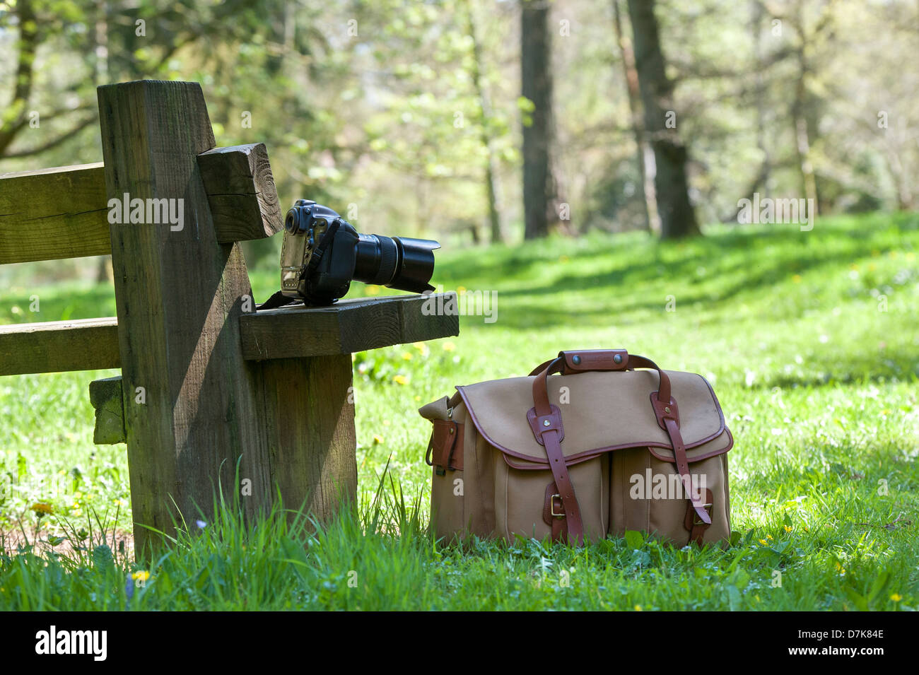 L'équipement et l'appareil photo Nikon sac sur un siège dans un bois Anglais Banque D'Images