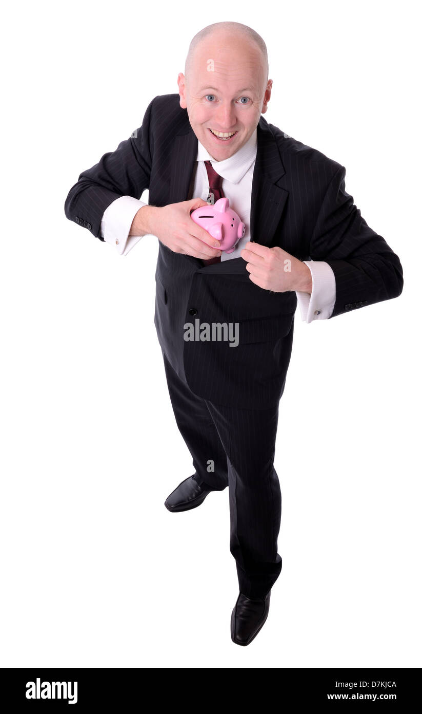 Homme d'engloutir des économies ou de sortir l'épargne tirelire isolated on white Banque D'Images