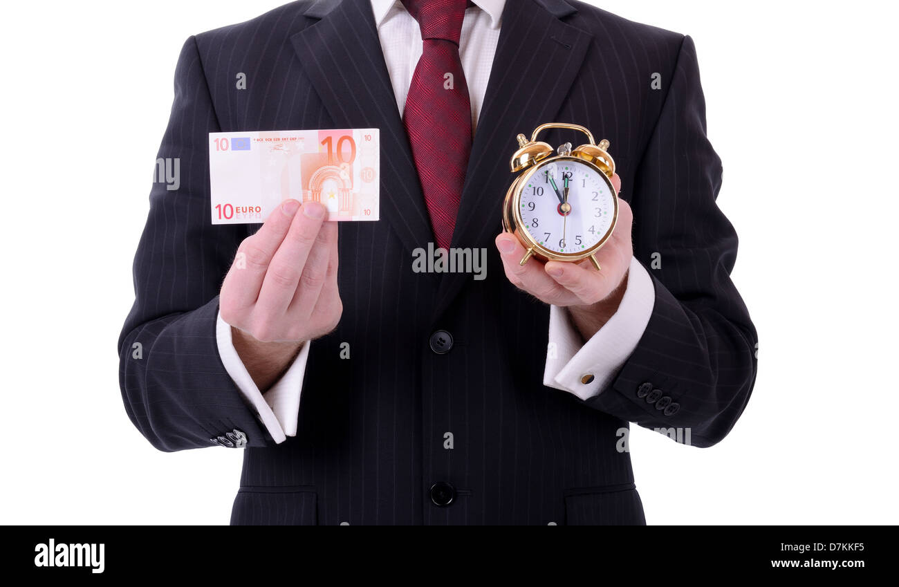 Le temps est compté pour l'euro, businessman holding a 10 euro note et réveil isolated on white Banque D'Images