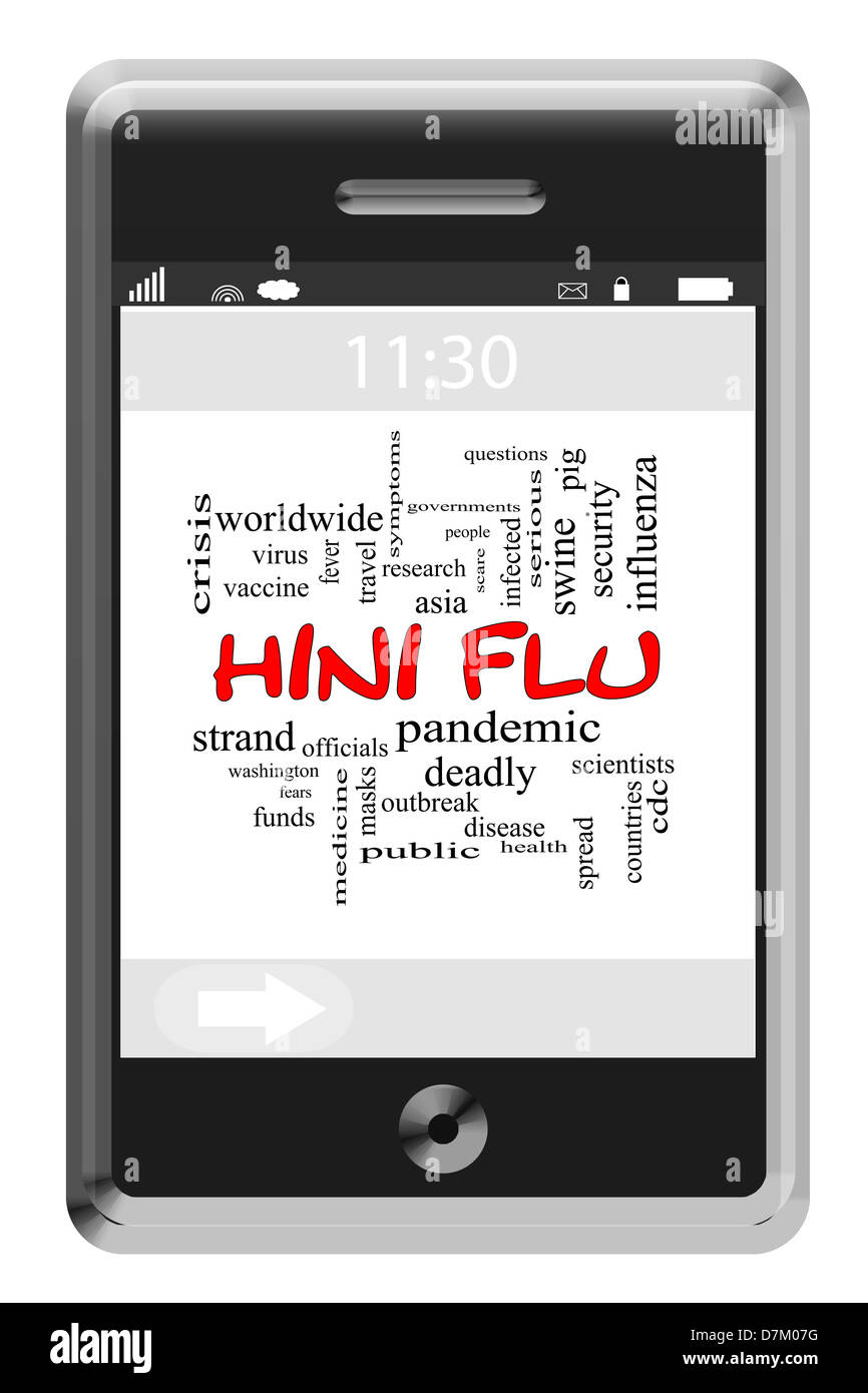 H1N1 Mot Concept Cloud de téléphone à écran tactile avec beaucoup de termes tels que l'épidémie, virus, la peur, la maladie et plus encore. Banque D'Images