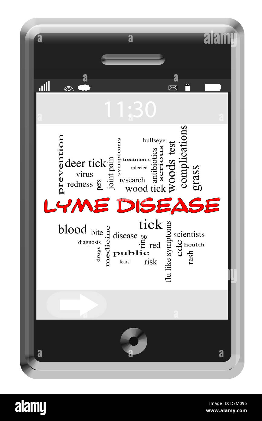 La maladie de Lyme Word Cloud Concept de téléphone à écran tactile avec beaucoup de termes tels que le cerf, tick, morsure, sang et plus encore. Banque D'Images