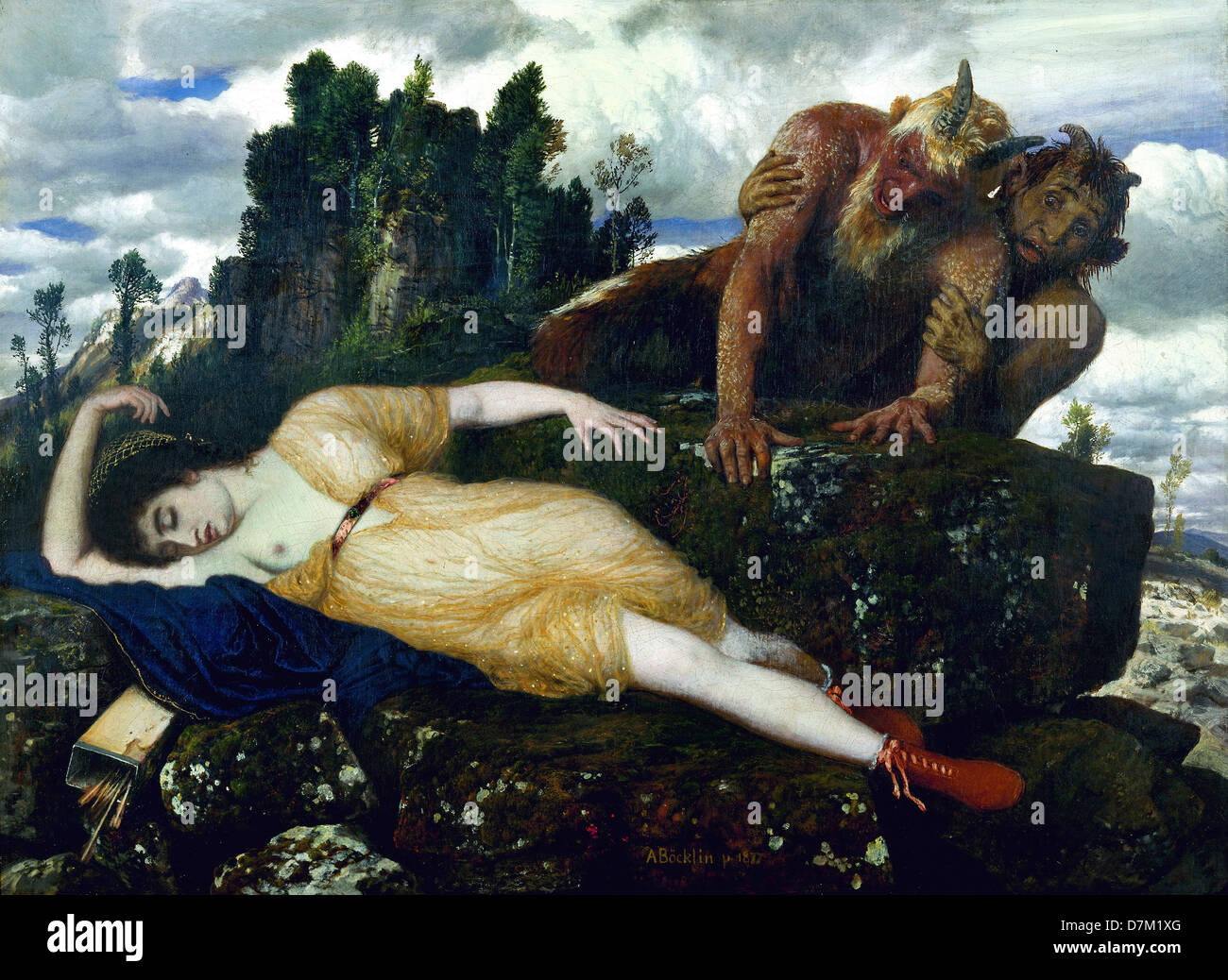 Arnold Bocklin, Diana dormir vu par deux faunes 1877-85 Huile sur toile. Museum Kunstpalast, Dusseldorf. Banque D'Images