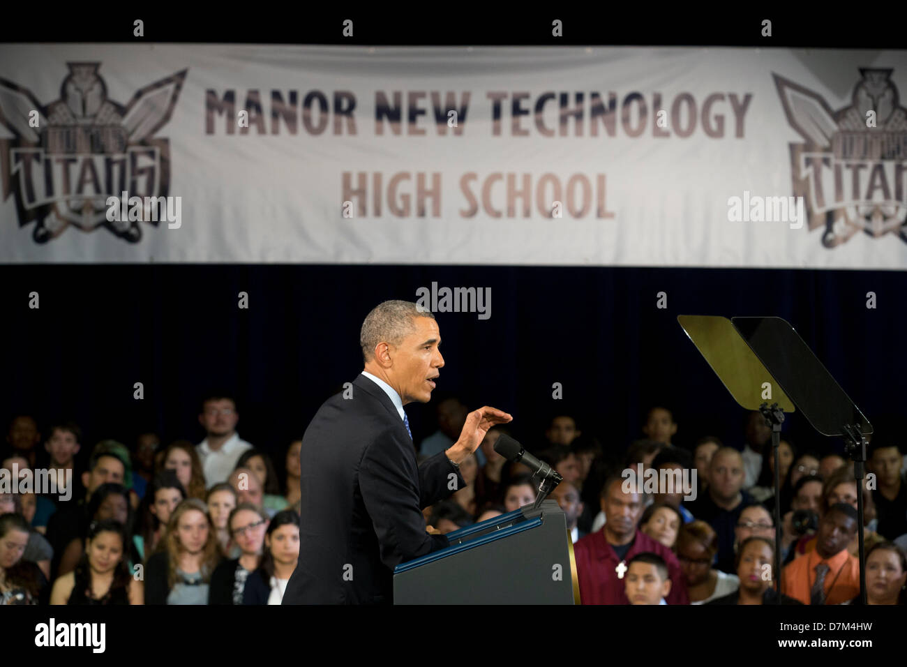 U.S. Président Obama parle aux étudiants lors d'un arrêt à une "opportunité" d'emplois et l'augmentation des dépenses de l'éducation visite vanter. Banque D'Images