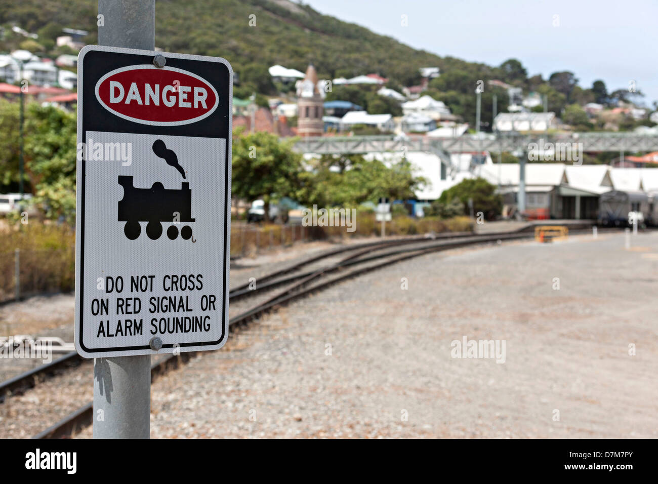 Panneaux d'avertissement de passage à niveau Train, Albany Western Australia Banque D'Images