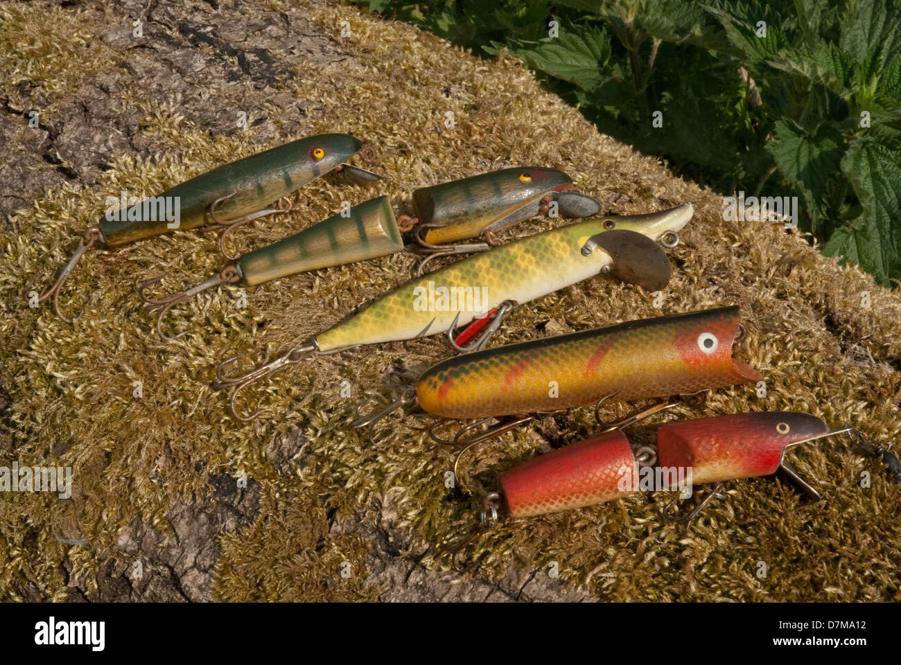 Une sélection de leurres de pêche au brochet en eau douce vintage Banque D'Images