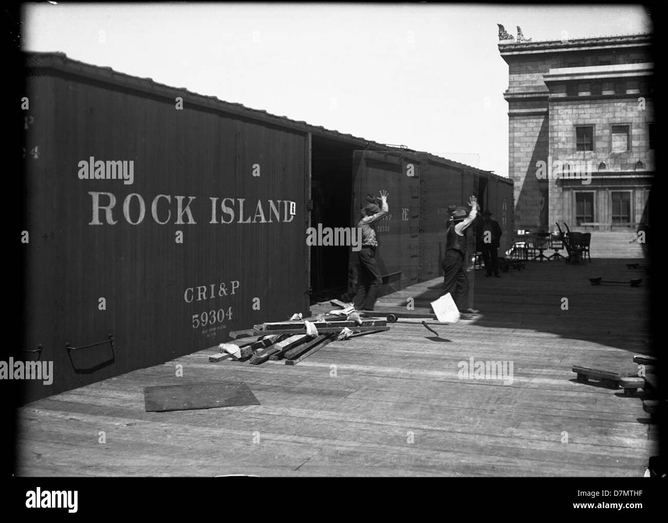 Un wagon de chemin de fer de Rock Island est présenté, faisant partie de la collection Columbian Field Move Museum. Ce wagon historique présente l'évolution du transport ferroviaire en Amérique. Banque D'Images