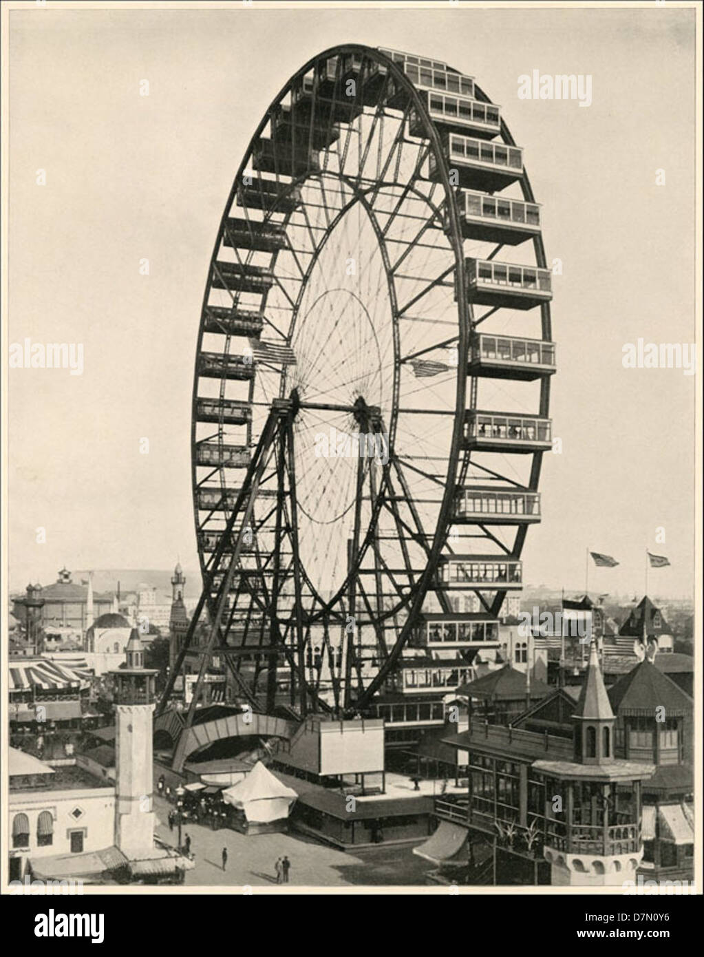 Une image historique de la grande roue à l'exposition universelle de Chicago de 1893, connue sous le nom d'exposition universelle colombienne, illustrant l'attraction emblématique de la ville blanche. Banque D'Images