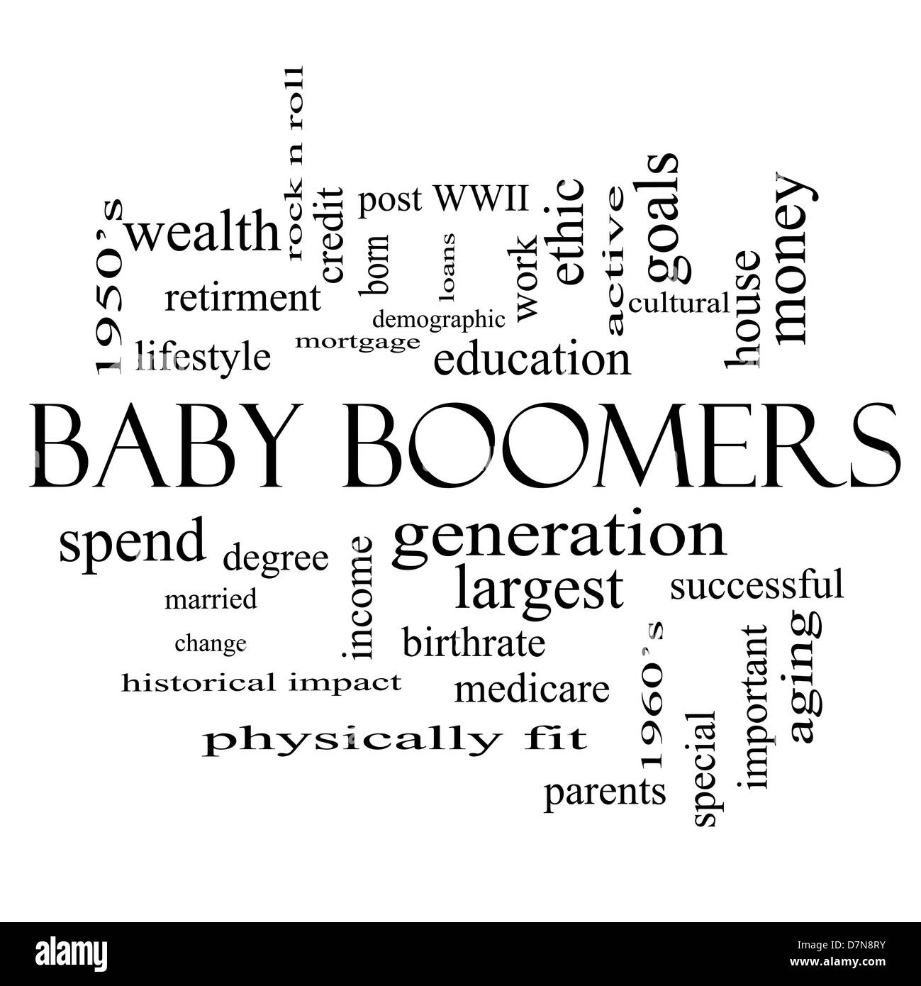 Baby-boomers mot Concept Cloud en noir et blanc avec beaucoup de termes comme génération, plus grand, démographique et plus encore. Banque D'Images