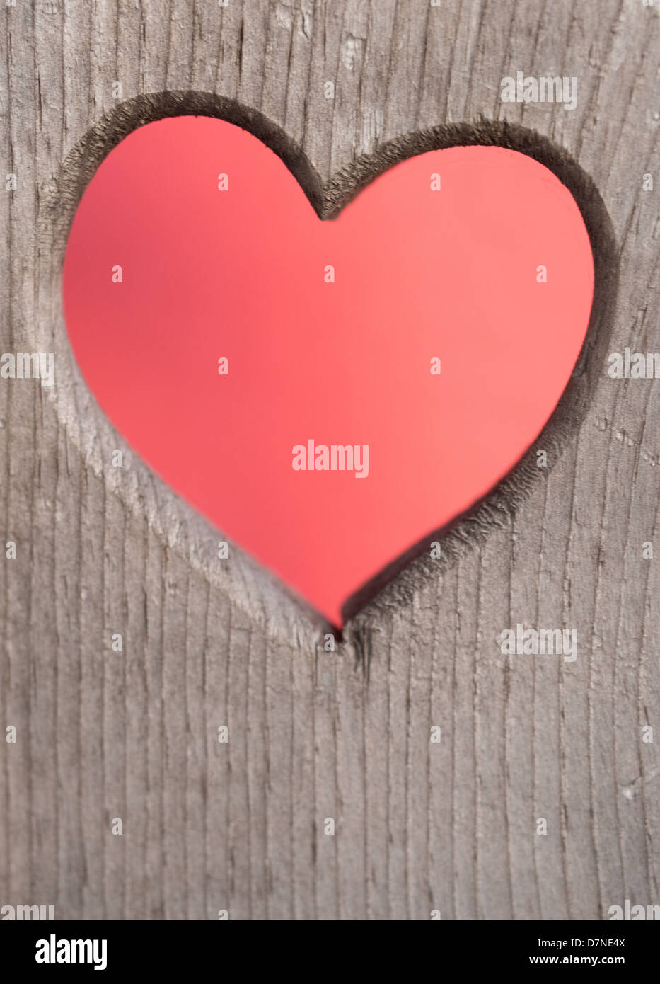 Coeur rouge découpé dans une planche en bois Banque D'Images
