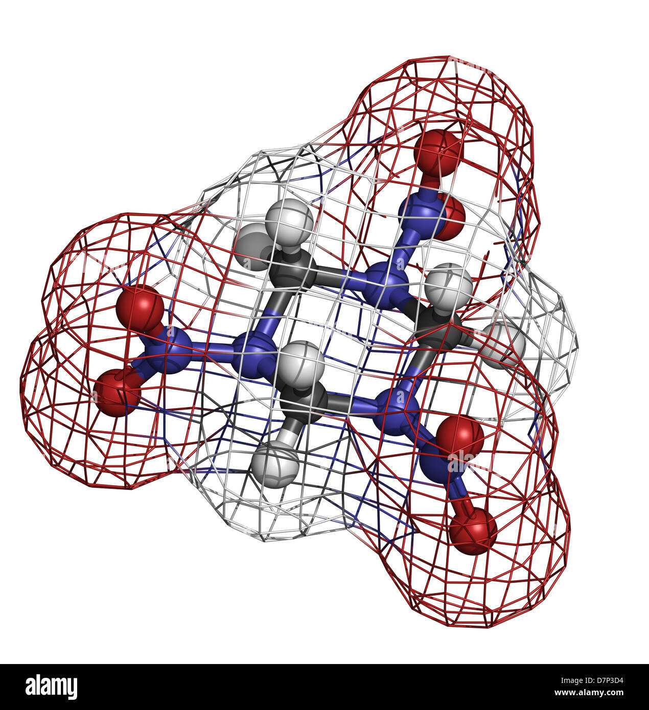 RDX (cyclonite, hexogène) molécule explosive, la structure chimique. Les atomes sont représentés comme des sphères. Banque D'Images