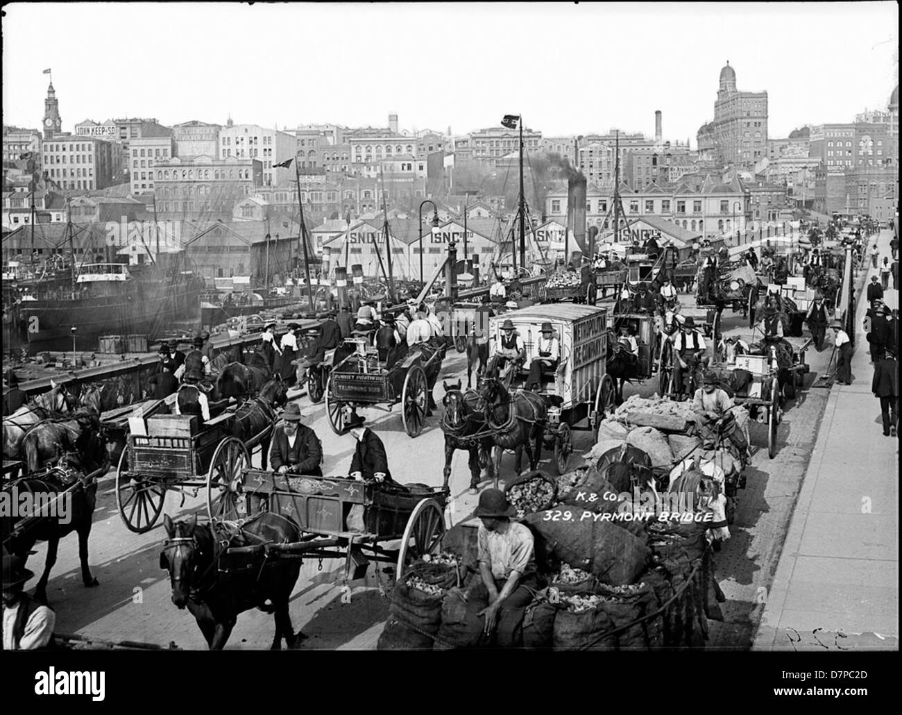 Cette image historique capture la circulation tirée par des chevaux sur le pont Pyrmont à Sydney, en Australie, une scène reflétant l'ère de la révolution industrielle. Il montre également l'hôtel Shellbourne et le mécanisme de pont tournant du pont. Banque D'Images