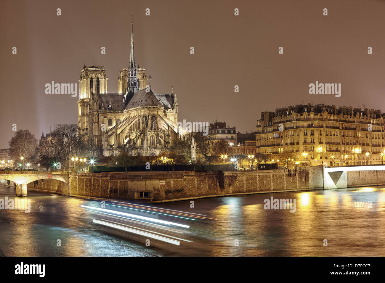 Vue panoramique de nuit Cite island avec cathédrale Notre Dame de Paris Banque D'Images