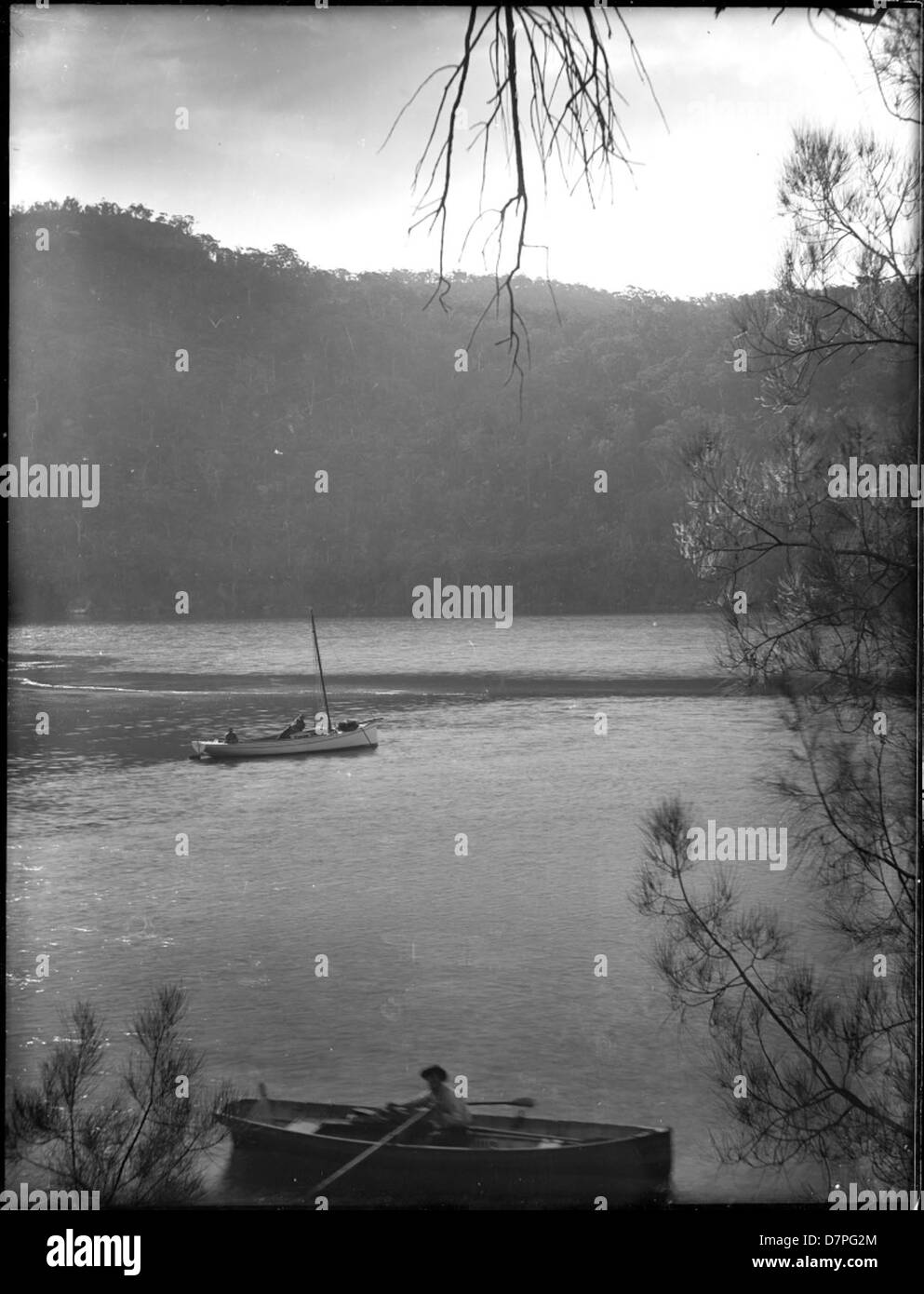 Photographie en noir et blanc d'un homme ramant un bateau, conservée au Powerhouse Museum. Cette image capture la tranquillité et la simplicité de la vie sur l'eau, reflétant le mode passé de transport et de loisirs. Banque D'Images