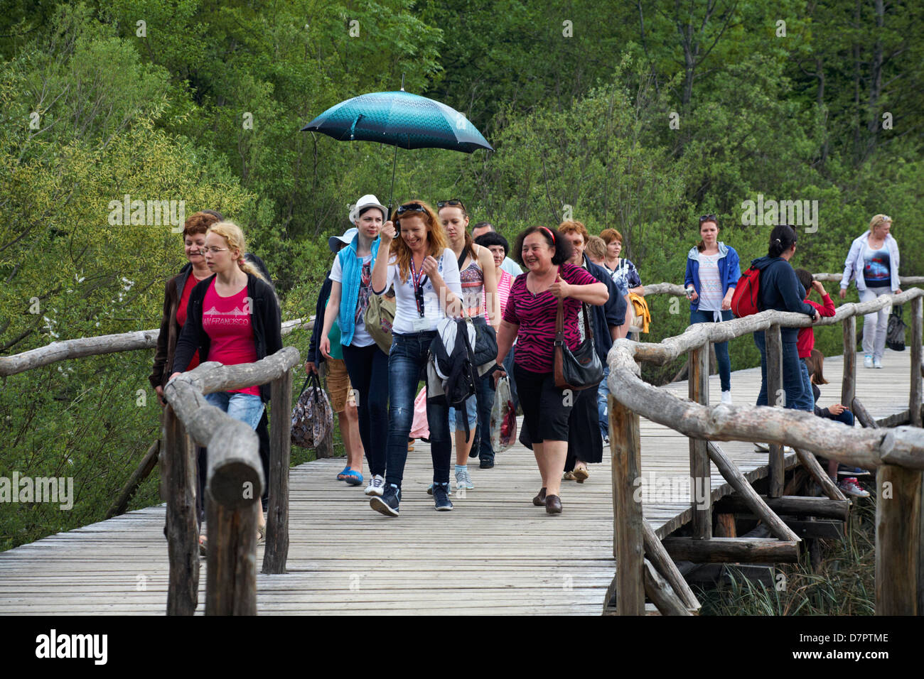 Touristes explorant les cascades et les lacs du parc national les lacs de Plitvice un site du patrimoine mondial de l'UNESCO en Croatie en mai Parc national de Plitvice Banque D'Images