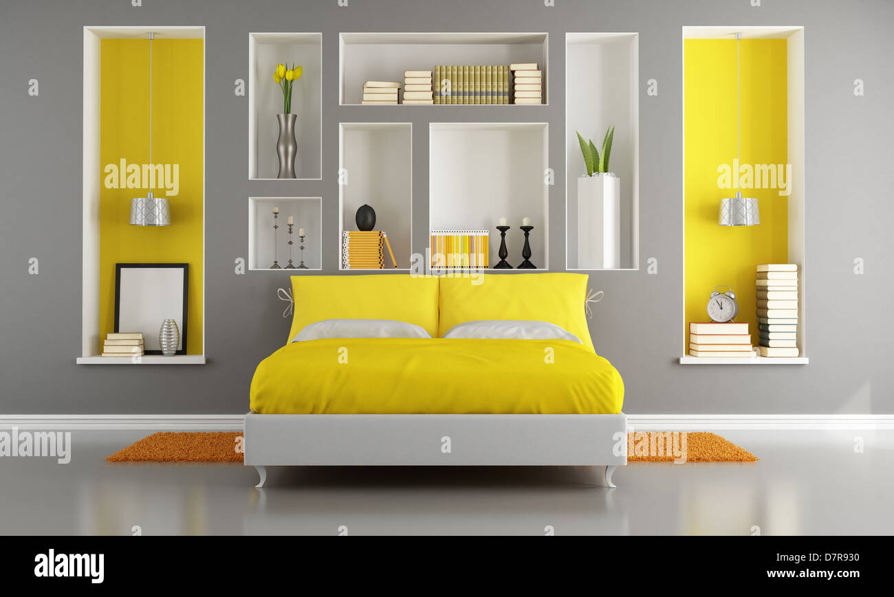 Jaune et gris chambre moderne avec lit double et niche - rendering Banque D'Images