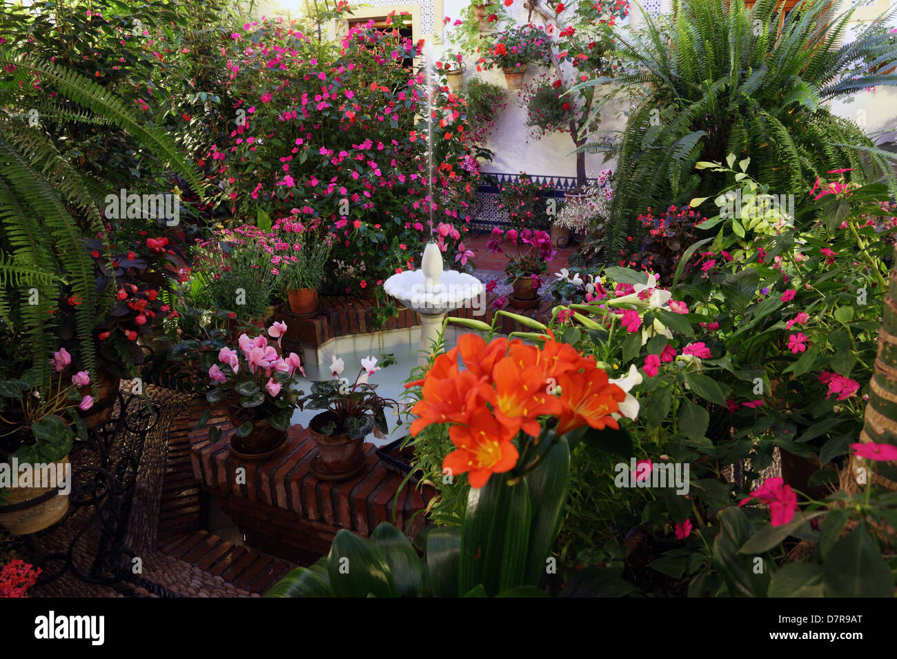 Beau patio andalou avec fontaine dans Cordoue, Andalousie Espagne Banque D'Images