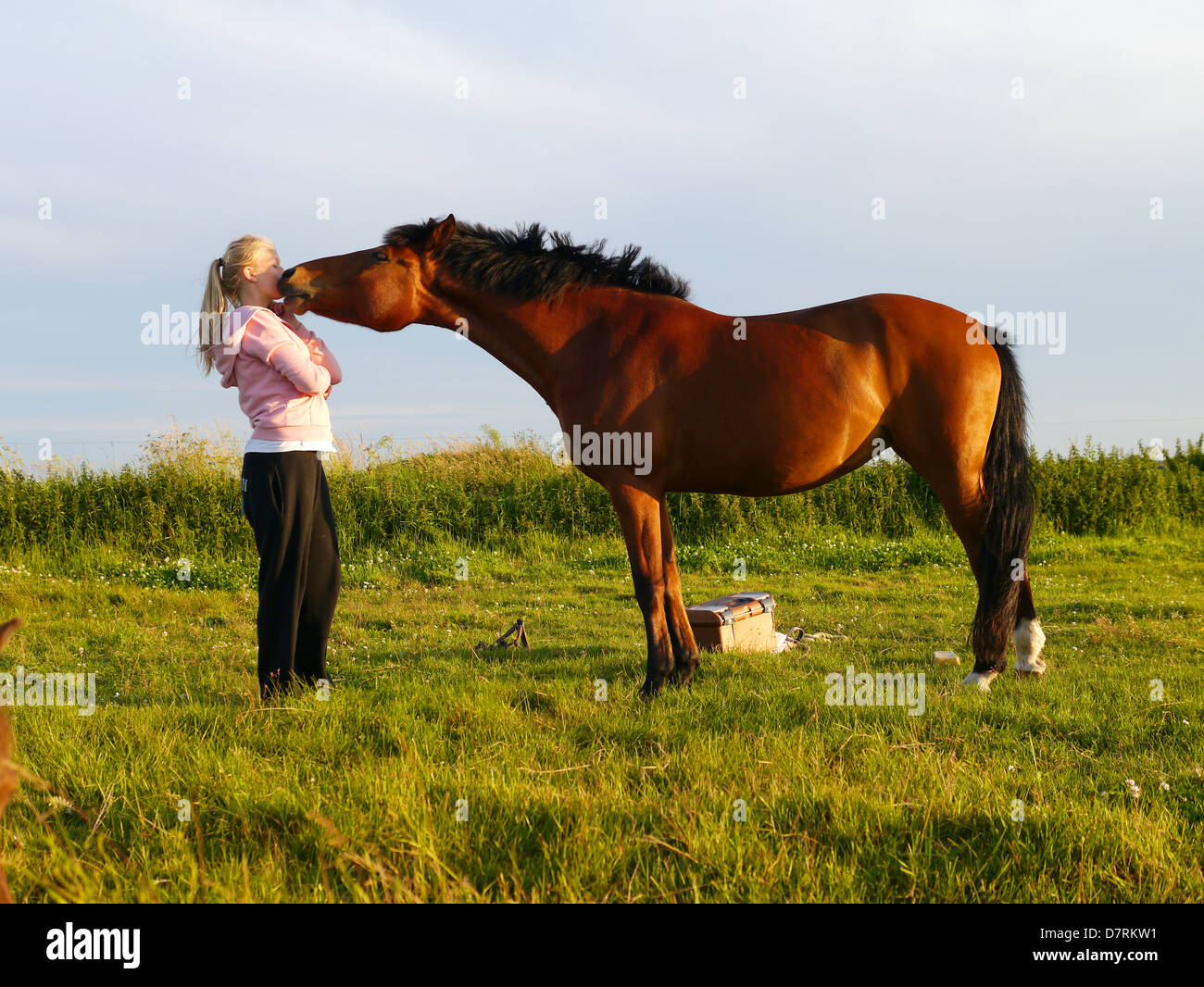 Teenage girl kisses un poney, ou vice versa. Banque D'Images