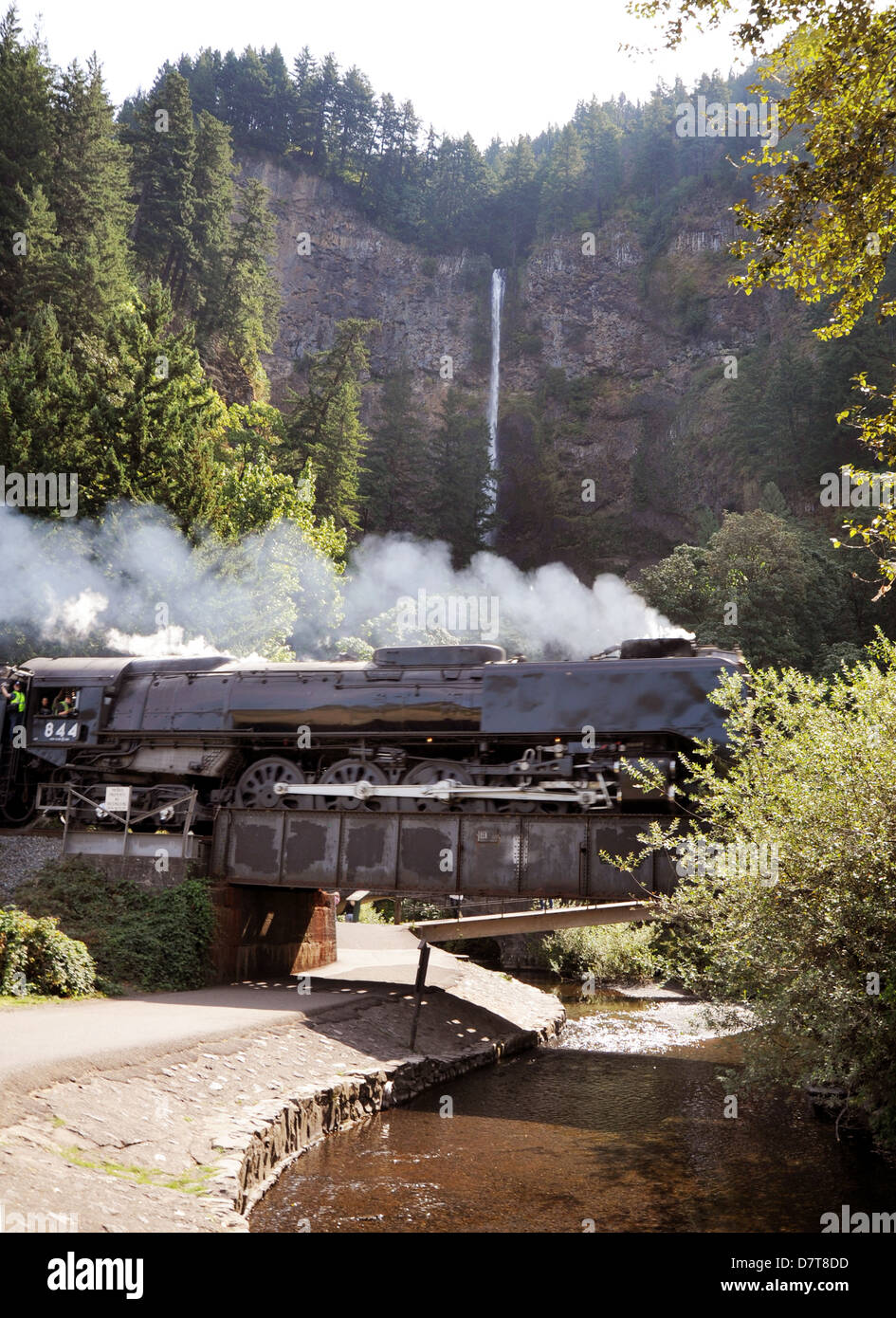 Portland Rose Union Pacific Railroad locomotive à vapeur siffle 844 moteur Multnomah Falls passé vers le bas de l'Oregon Columbia River Gorge, Banque D'Images