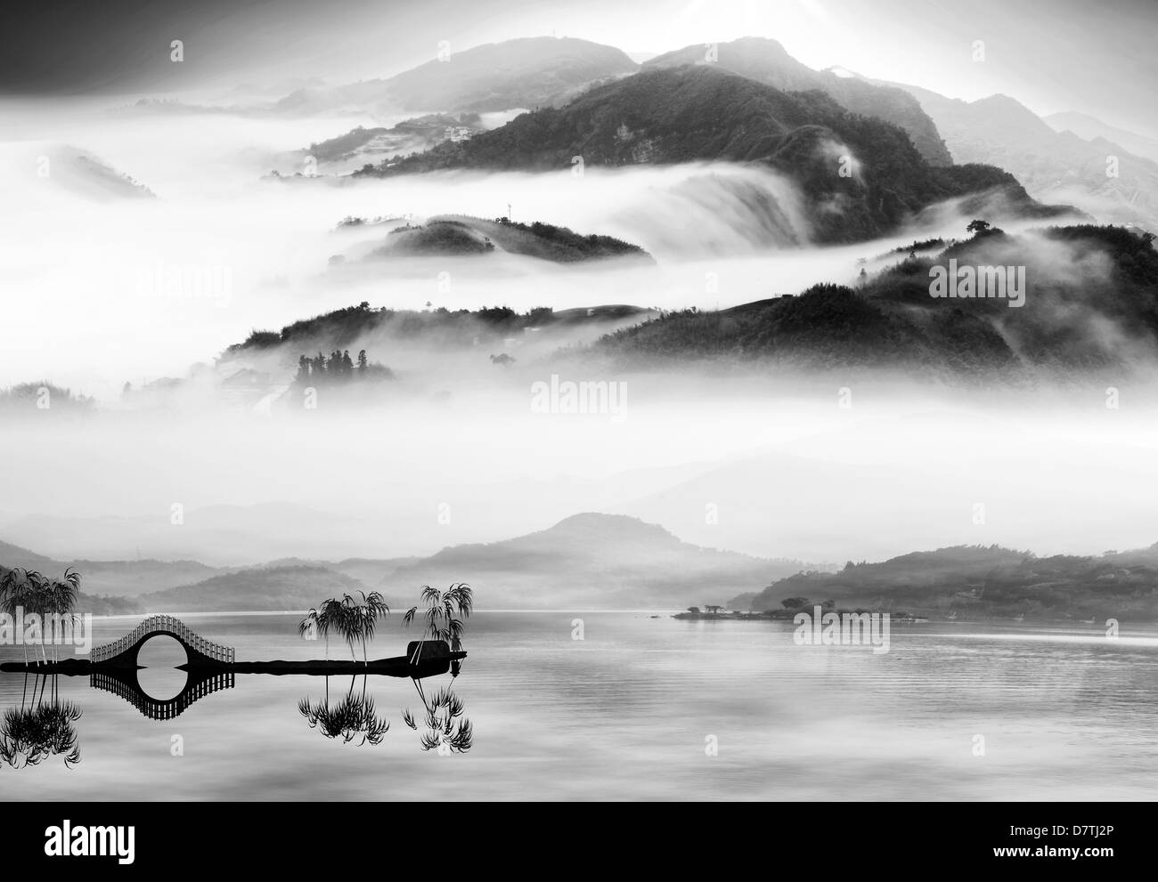 Paysage japonais dessin Banque d images noir et blanc Alamy