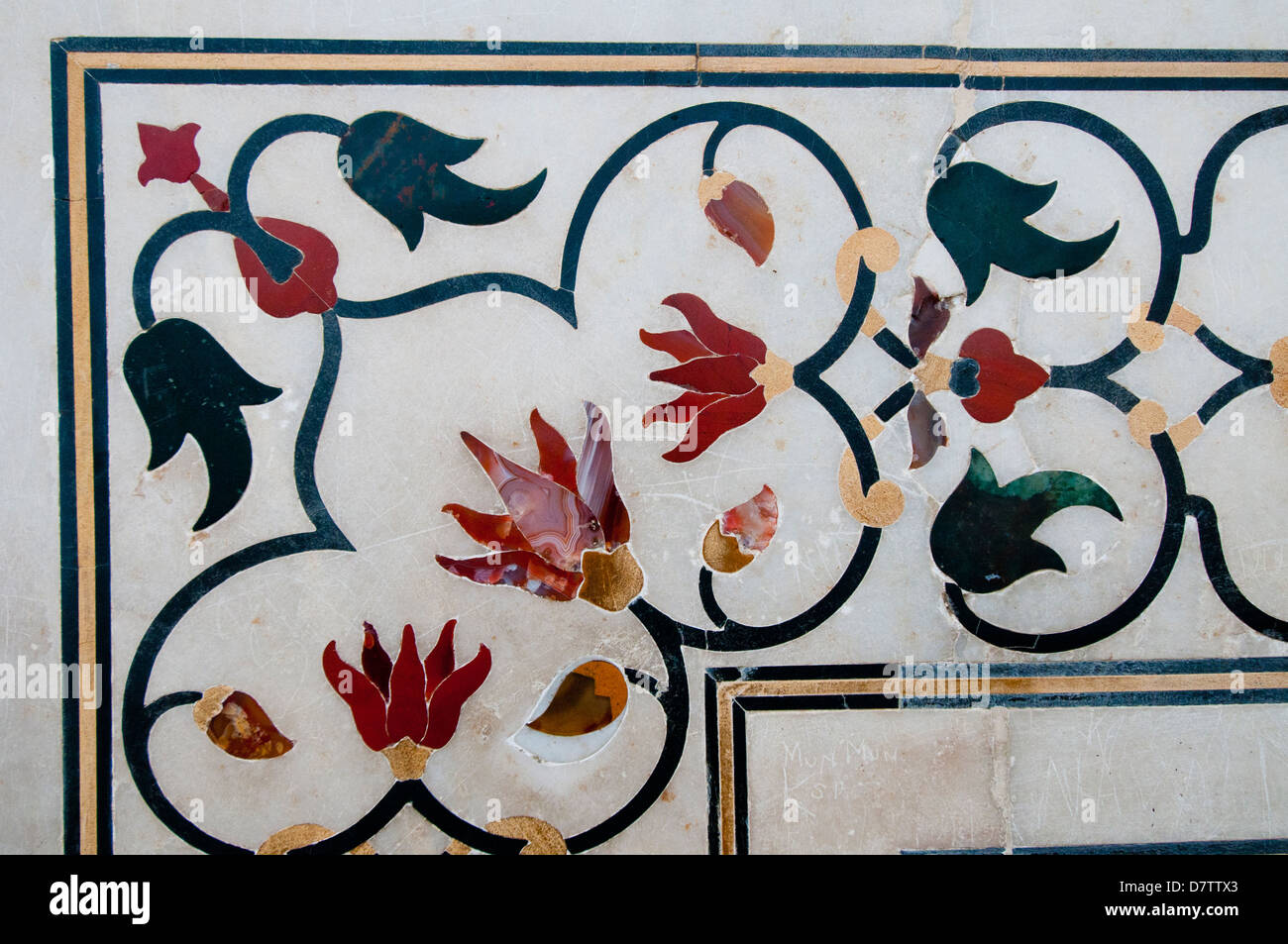 Close-up of stone marqueterie au Taj Mahal à Agra, Inde Banque D'Images