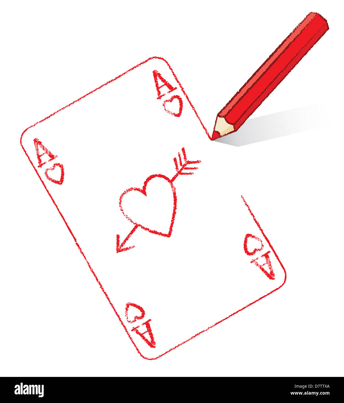 Dessin au crayon rouge Ace of Hearts Cartes à jouer avec flèche de Cupidon Banque D'Images
