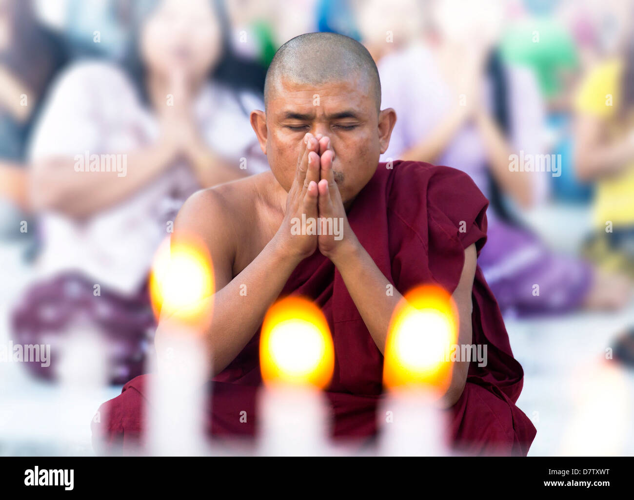 Le moine bouddhiste priant à Paya Shwedagon (pagode Shwedagon), Yangon (Rangoon), la Birmanie Banque D'Images