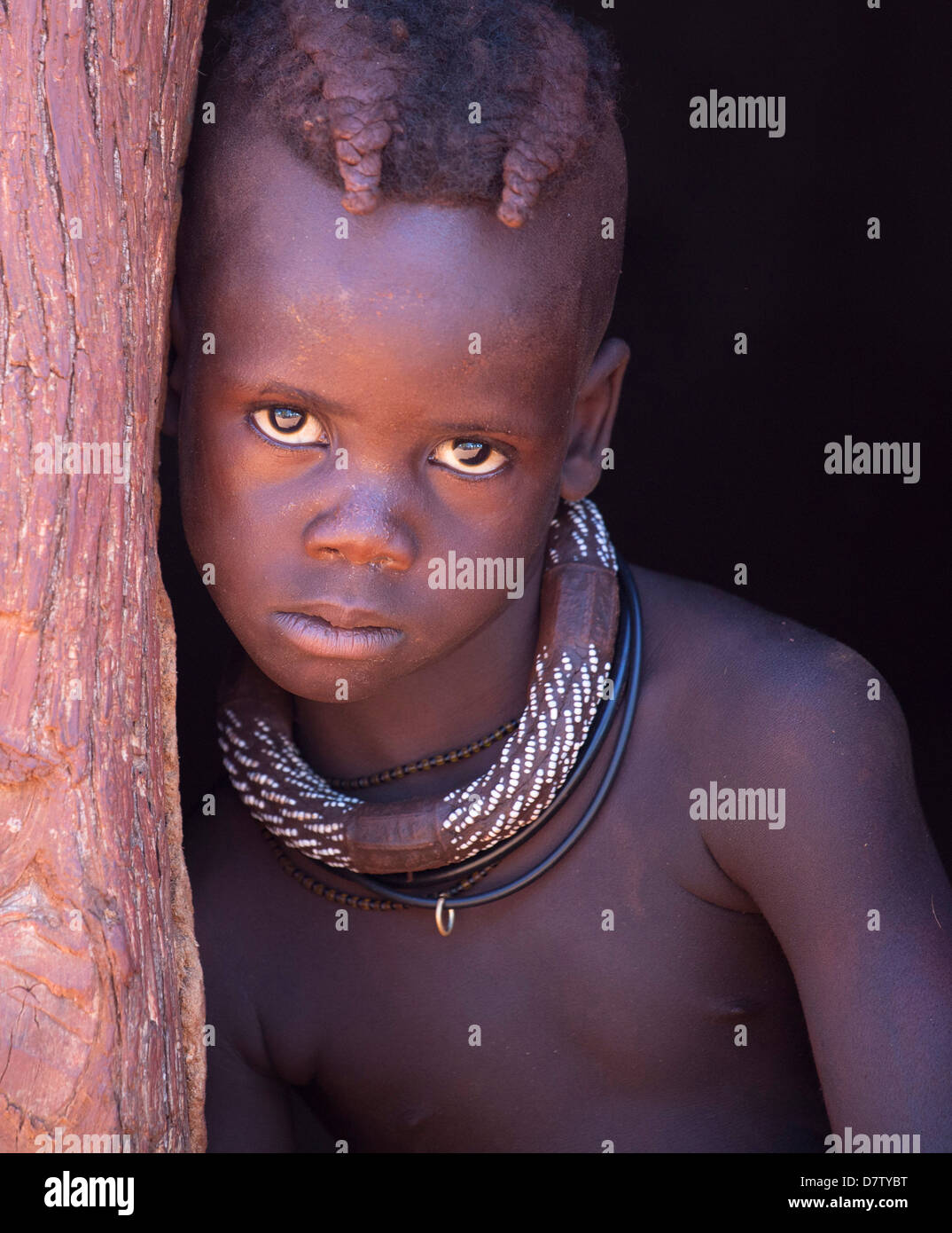 Jeune garçon Himba avec cheveux tressés, région de Kunene (anciennement Kaokoland) dans l'extrême nord de la Namibie Banque D'Images
